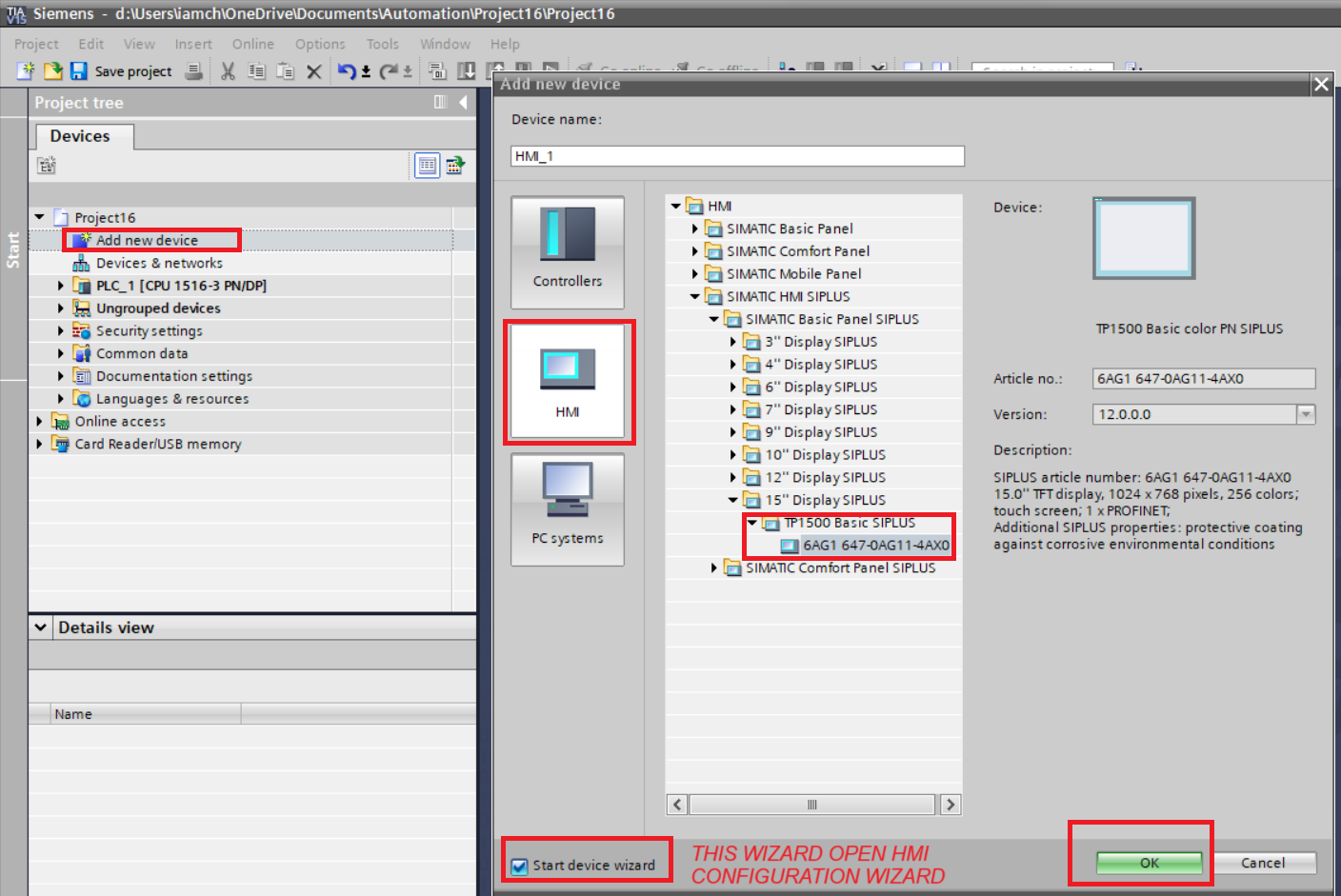 add HMI device in tia portal project